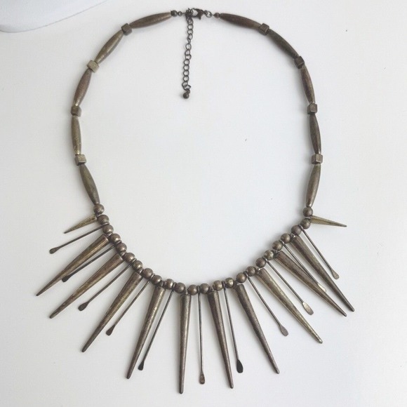 Antiqued Brass Tone Spike Fringe Statement‎ Necklace Industrial Punk Collar J-01 - Picture 4 of 11